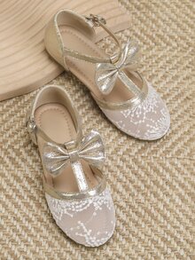 Girls Bow Decor Ankle Strap Shoes, Polyester Round Toe Flats - Gold - View 3