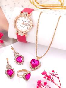 1 pieza zirconia cúbica Reloj cuarzo & 4 piezas Set joya - Rosa Fucsia - Ver 1