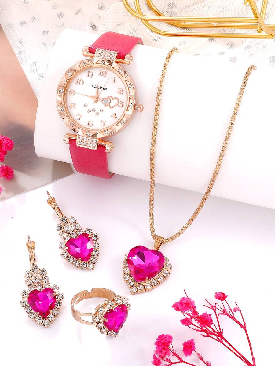 1 pieza zirconia cúbica Reloj cuarzo & 4 piezas Set joya - Rosa Fucsia - Ver 1