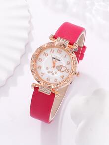 1 pieza zirconia cúbica Reloj cuarzo & 4 piezas Set joya - Rosa Fucsia - Ver 2