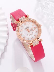 1 pieza zirconia cúbica Reloj cuarzo & 4 piezas Set joya - Rosa Fucsia - Ver 3
