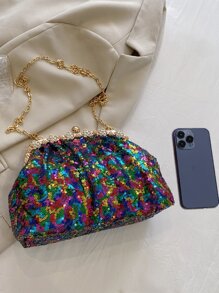 2023 New Arrival Fashion Metallic Chain & Shimmery Ruched Clasp Bag Suitable For Women Night Out, Party, Club, Photography, & As A Gift For Best Friends - Multicolor - View 6