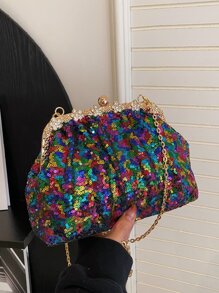 2023 New Arrival Fashion Metallic Chain & Shimmery Ruched Clasp Bag Suitable For Women Night Out, Party, Club, Photography, & As A Gift For Best Friends - Multicolor - View 7