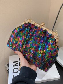 2023 New Arrival Fashion Metallic Chain & Shimmery Ruched Clasp Bag Suitable For Women Night Out, Party, Club, Photography, & As A Gift For Best Friends - Multicolor - View 8