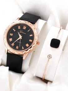 1 Miếng Đen PU Polyurethane Dây đeo Thời trang Tròn Quay số đồng hồ Quartz & 1 Miếng Đồ trang trí Rhinestone Vòng tay , Để Trang Trí Hàng Ngày - màu đen - Xem 1