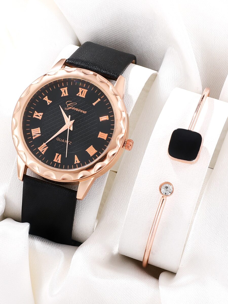 1 Miếng Đen PU Polyurethane Dây đeo Thời trang Tròn Quay số đồng hồ Quartz & 1 Miếng Đồ trang trí Rhinestone Vòng tay , Để Trang Trí Hàng Ngày - màu đen - Xem 1