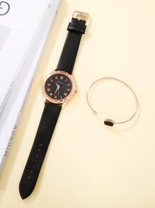 1 Miếng Đen PU Polyurethane Dây đeo Thời trang Tròn Quay số đồng hồ Quartz & 1 Miếng Đồ trang trí Rhinestone Vòng tay , Để Trang Trí Hàng Ngày - màu đen - Xem 2
