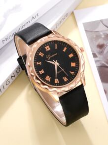 1 Miếng Đen PU Polyurethane Dây đeo Thời trang Tròn Quay số đồng hồ Quartz & 1 Miếng Đồ trang trí Rhinestone Vòng tay , Để Trang Trí Hàng Ngày - màu đen - Xem 6