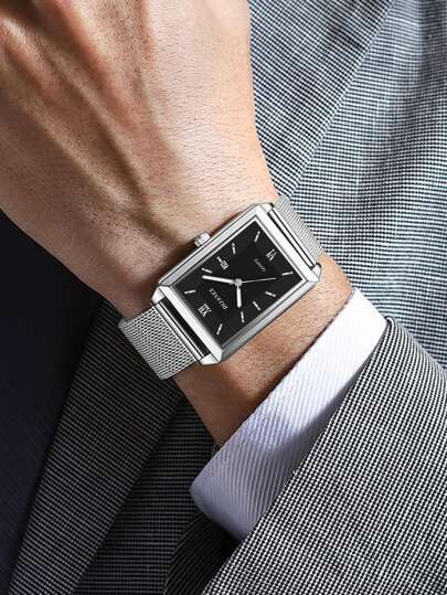 DIJANES Hombres 1 pieza plata de acero inoxidable con tira negocio fecha cuadrado esfera cuarzo para diariamente