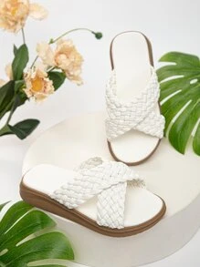 女孩編織設計交叉帶戶外拖鞋