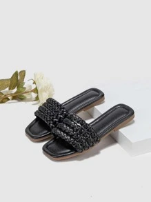 1 Pair Stylish Woven Stripe Flat Slide Sandals For Girl, Spring/Summer