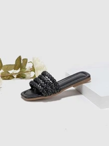 1 Pair Stylish Woven Stripe Flat Slide Sandals For Girl, Spring/Summer