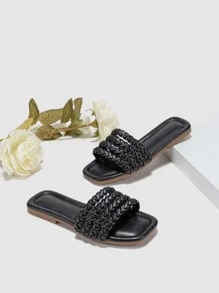 1 Pair Stylish Woven Stripe Flat Slide Sandals For Girl, Spring/Summer