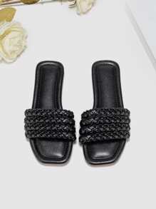 1 Pair Stylish Woven Stripe Flat Slide Sandals For Girl, Spring/Summer