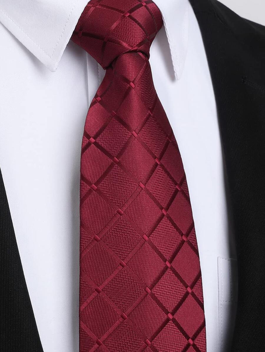 1pc Men Plaid Textured Fashionable Tie For Party Work - Burgundy - View 1