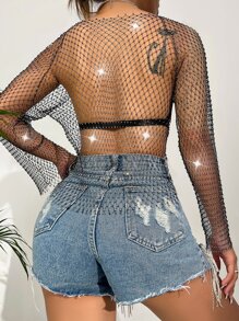 SHEIN Swim Rhinestone Studded Fishnet Mesh Cover Up Top,Summer Beach - Black - View 2