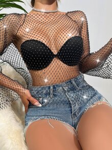 SHEIN Swim Rhinestone Studded Fishnet Mesh Cover Up Top,Summer Beach - Black - View 3