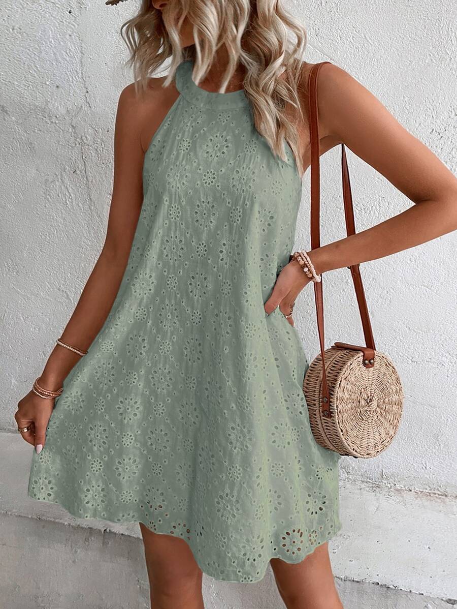 Breezaya Eyelet Embroidery Keyhole Back Halter Neckline Dress Vacation Beach Outfits Women - Green - View 1