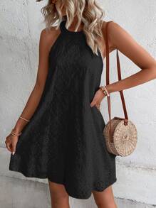 Breezaya Vestido unicolor con bordado con ojal de cuello halter de espalda con abertura de ojo - Negro - Ver 1
