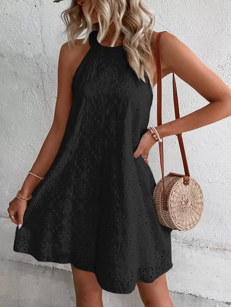 Breezaya Vestido unicolor con bordado con ojal de cuello halter de espalda con abertura de ojo - Negro - Ver 1