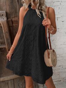Breezaya Vestido unicolor con bordado con ojal de cuello halter de espalda con abertura de ojo - Negro - Ver 4