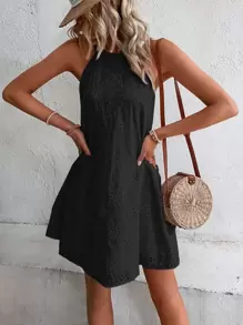 Breezaya Vestido unicolor con bordado con ojal de cuello halter de espalda con abertura de ojo - Negro - Ver 5
