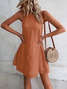 Breezaya Đầm Tranh thêu màu trơn Boho - trái cam - Xem 4