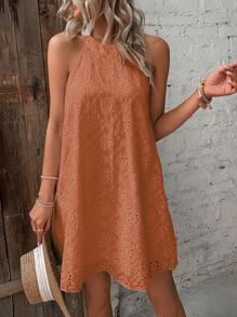 Breezaya Đầm Tranh thêu màu trơn Boho - trái cam - Xem 5