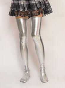 1雙女士金屬質感時尚過膝襪適用於派對 - 銀色 - 查看 2
