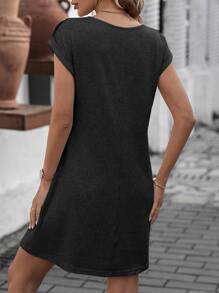 SHEIN LUNE Vestido estilo camiseta con encaje en contraste - Negro - Ver 2