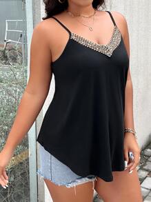 SHEIN LUNE Plus Contrast Sequin Cami Top - Black - View 3