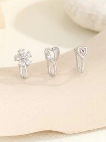 3入組精美時尚鑲有水晶的鼻環,鑲嵌心形花卉設計,豪華珠寶適合派對和戶外活動 - 銀色 - 查看 1
