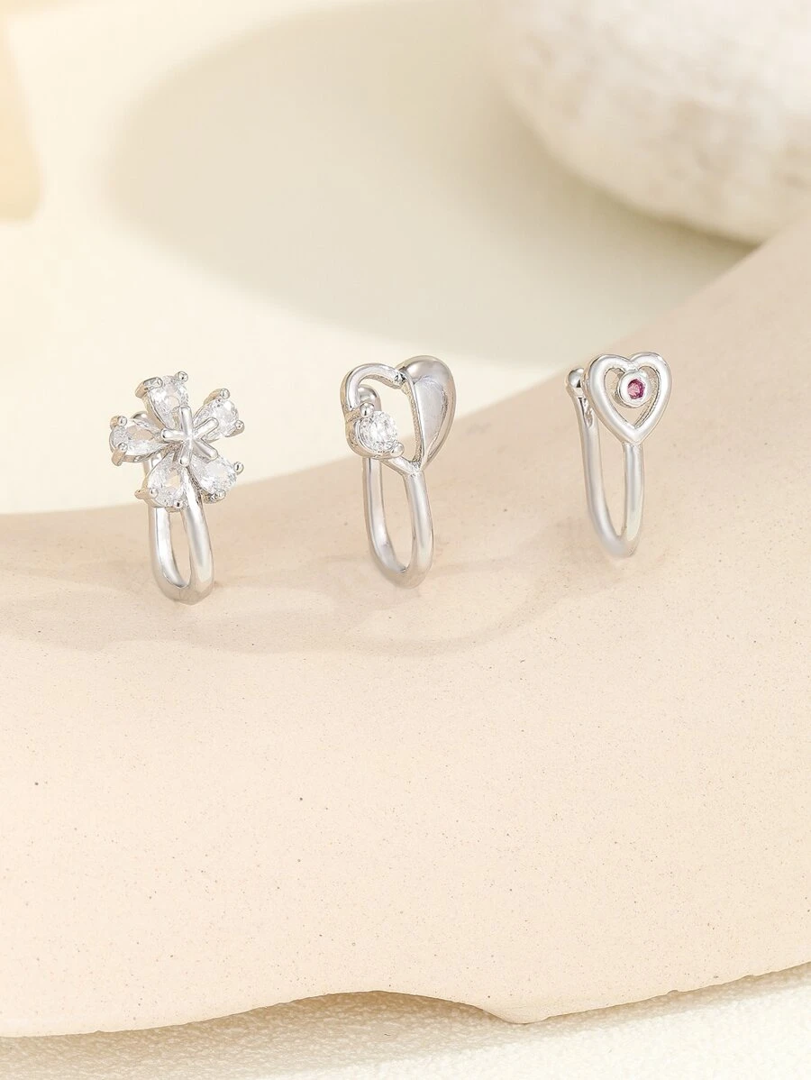 3入組精美時尚鑲有水晶的鼻環,鑲嵌心形花卉設計,豪華珠寶適合派對和戶外活動 - 銀色 - 查看 1