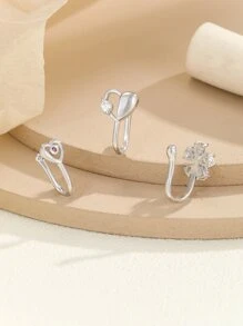 3入組精美時尚鑲有水晶的鼻環,鑲嵌心形花卉設計,豪華珠寶適合派對和戶外活動 - 銀色 - 查看 3