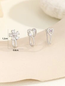 3入組精美時尚鑲有水晶的鼻環,鑲嵌心形花卉設計,豪華珠寶適合派對和戶外活動 - 銀色 - 查看 4