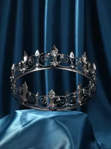 巴洛克哥特式黑色水晶新娘皇冠，男士酷炫黑色婚礼首饰，金属合金国王皇冠皇家街头头饰情人节配饰 - 黑色 - 查看 1