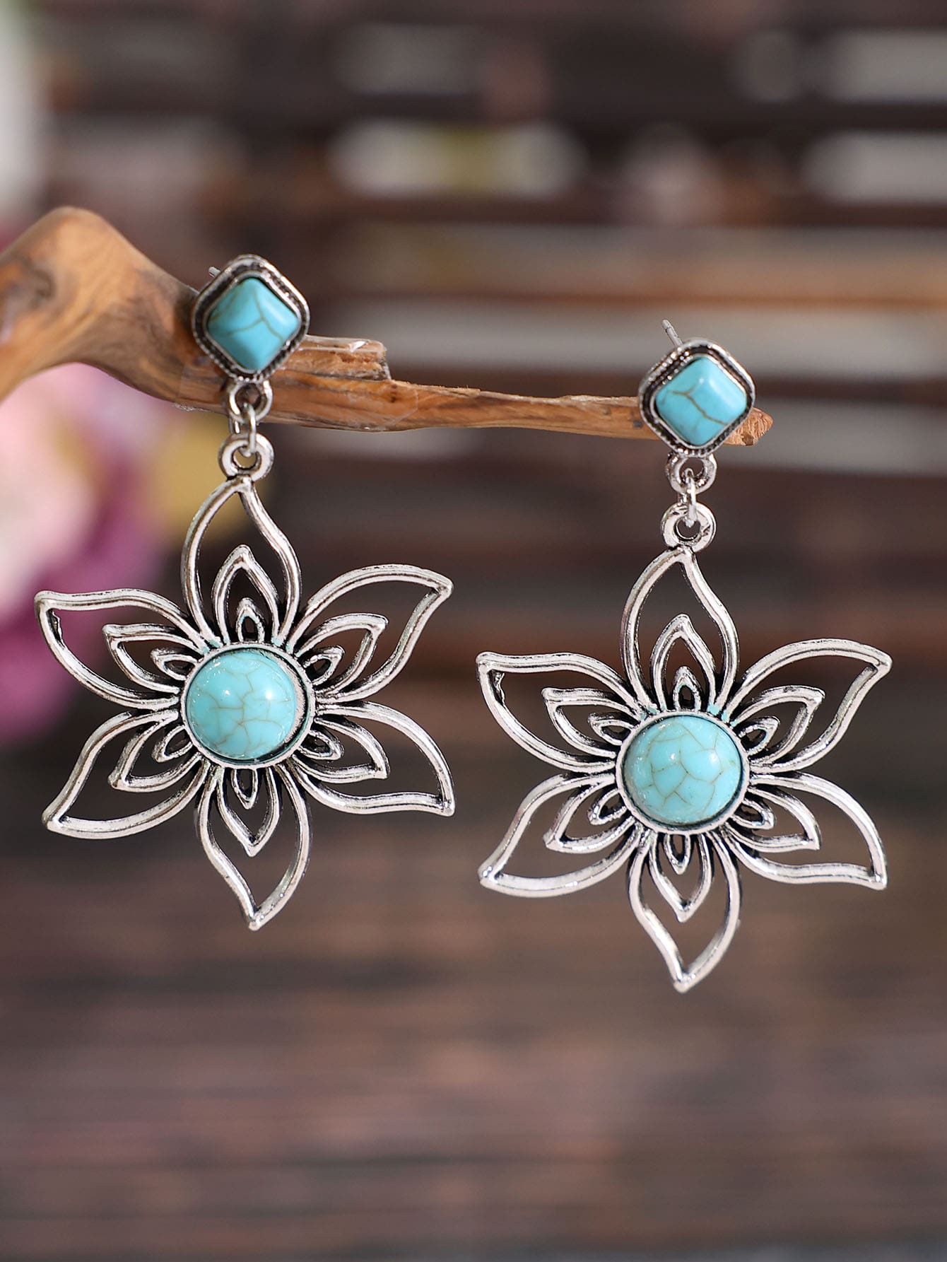 1 Vintage Hợp Kim Kẽm Màu Ngọc Lam Hoa Trang Trí Mặt Dây Chuyền Nữ Hàng Ngày Trang Trí Bông Tai - Màu Bạc Cổ - Xem 1