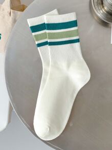 1pair Men Striped Pattern Casual Crew Socks For Daily Life - White - View 1