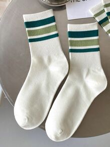 1pair Men Striped Pattern Casual Crew Socks For Daily Life - White - View 2