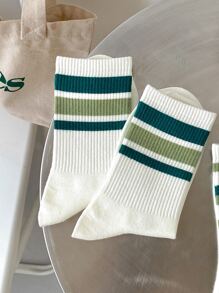 1pair Men Striped Pattern Casual Crew Socks For Daily Life - White - View 3