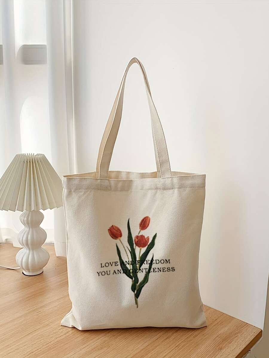Floral & Letter Graphic Shopper Bag Canvas - Beige - View 1