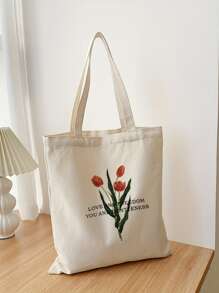 Floral & Letter Graphic Shopper Bag Canvas - Beige - View 3
