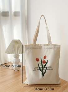 Floral & Letter Graphic Shopper Bag Canvas - Beige - View 5