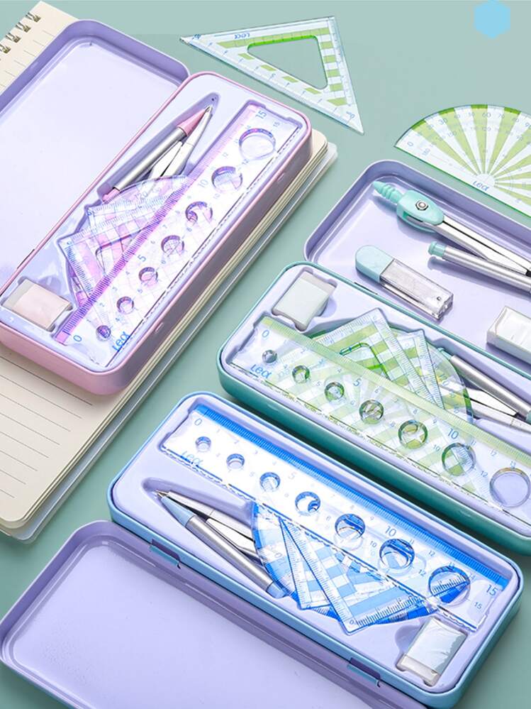 7 pièces Set de 1 boîte Règle de couleur aléatoire & Boussole - Multicolore - Voir 1