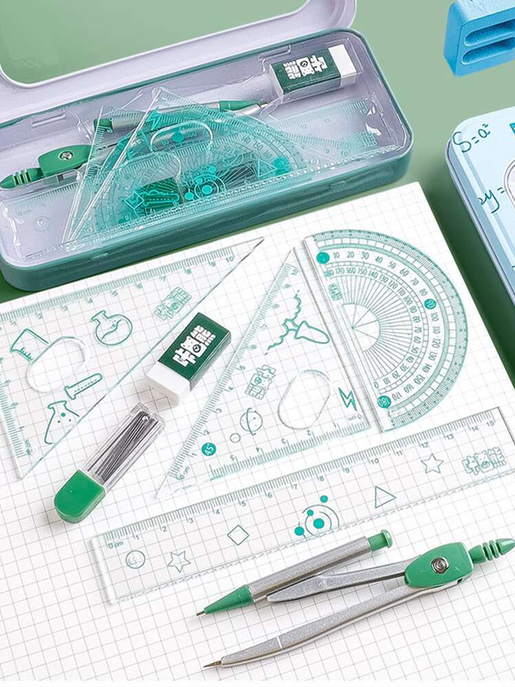 7 pièces Set de 1 boîte Règle de couleur aléatoire & Boussole - Multicolore - Voir 2