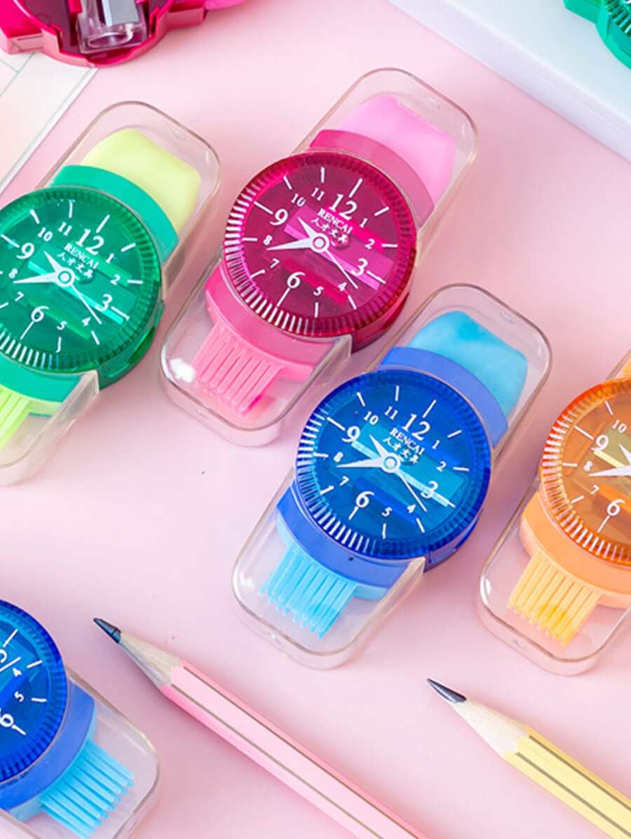 1入組孩子們卡通卷筆刀,手錶形狀三合一多功能卷筆刀,手動卷筆刀帶刷卷筆刀 - 彩色 - 查看 1