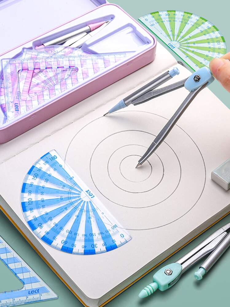 7 pièces Set de 1 boîte Règle de couleur aléatoire & Boussole - Multicolore - Voir 4