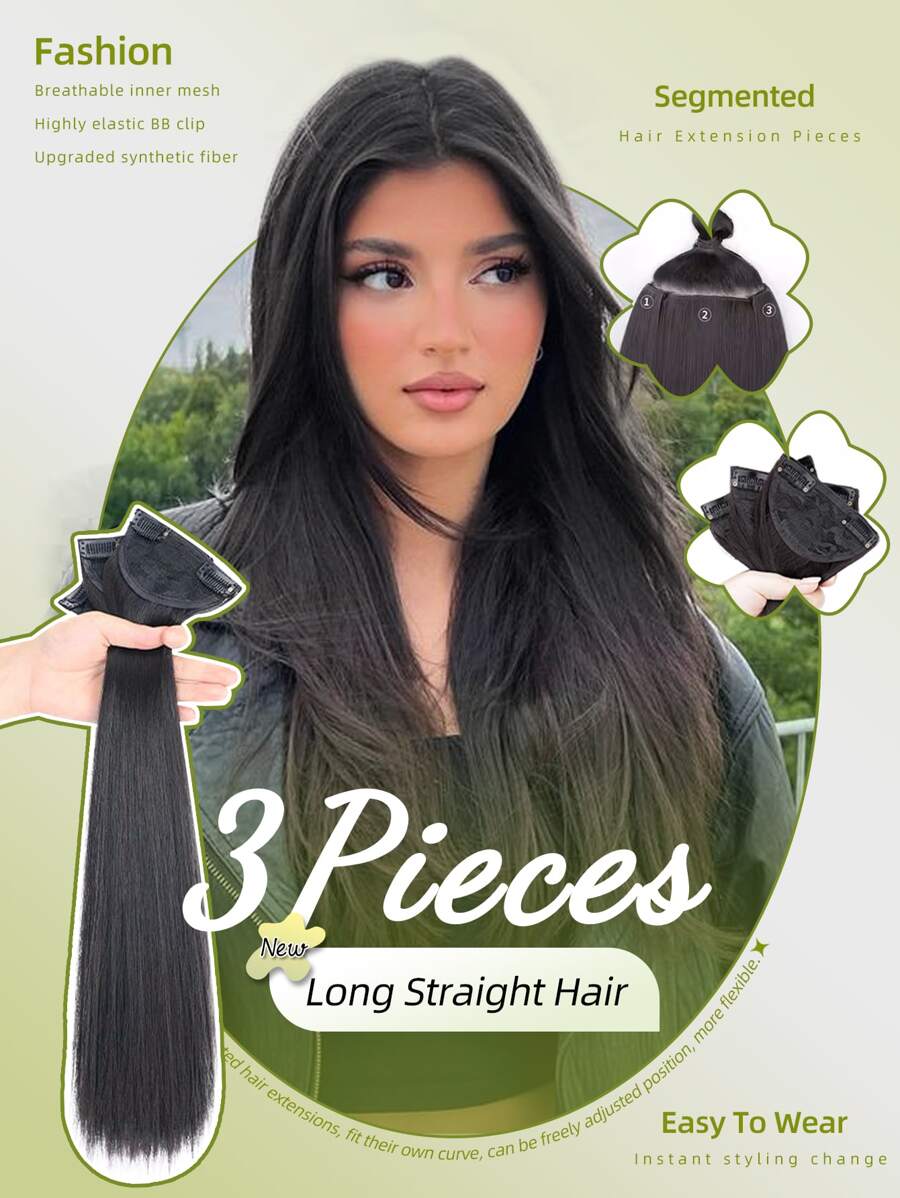 3pcs Long Straight Synthetic Hairpiece - Black - View 1