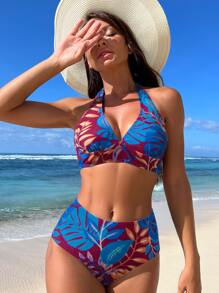 熱帶印花露背式夏季沙灘比基尼套裝 - 彩色 - 查看 1