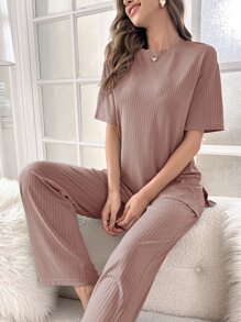 落肩袖下擺開叉T恤和褲子休閒套裝 - 藕粉色 - 查看 1